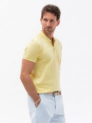 Koszulka polo z dzianiny pique - żółta V4 S1746 - XL. Żółte koszulki polo sportowe Ombre Clothing, l, bez wzorów, z bawełny, bez kołnierzyka, bez ramiączek. W wyprzedaży za 39.99 zł.
