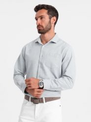 Koszula męska z kieszenią REGULAR FIT - jasnoszary melanż V2 - Rozmiar: XXL. Szare koszule Ombre Clothing, m, bez wzorów, z bawełny, bez kołnierzyka, bez ramiączek. W wyprzedaży za 49.99 zł.