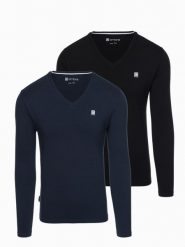Komplet męskich longsleeve'ów SLIM FIT z dekoltem typu V i logotypem 2-pak – mix granatowy/czarny V3 - Rozmiar: M. Niebieskie bluzki z długim rękawem Ombre Clothing, l, bez wzorów, z bawełny, bez kołnierzyka, bez ramiączek. W wyprzedaży za 104.99 zł.