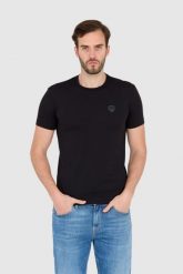 EA7 Czarna koszulka męska z naszywką z logo. Czarne t-shirty EA7 Emporio Armani, m, z aplikacjami, bez kołnierzyka, bez ramiączek. W wyprzedaży za 287.99 zł.