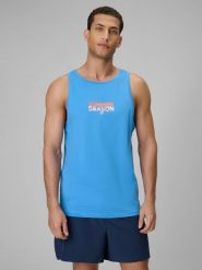 4F Koszulka bez rękawów regular z nadrukiem męska - niebieska S. Niebieskie bezrękawniki 4F, m, bez wzorów, z bawełny, bez kołnierzyka, bez ramiączek. Za 59.99 zł.