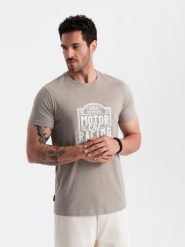 T-shirt męski z nadrukiem w stylu motocyklowym – popielaty V3 OM-TSPT-0125 - XXL. Szare t-shirty Ombre Clothing, l, bez wzorów, z bawełny, bez kołnierzyka, bez ramiączek. W wyprzedaży za 39.99 zł.