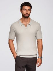 Koszulka męska polo bez guzików z otwartym kołnierzykiem – jasnoszara V3 - Rozmiar: XL. Szare koszulki polo sportowe Ombre Clothing, m, bez wzorów, z dzianiny, bez kołnierzyka, bez ramiączek. W wyprzedaży za 149.99 zł.