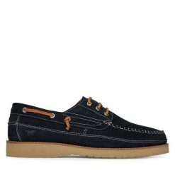 Półbuty Mustang. Niebieskie eleganckie półbuty Mustang, bez wzorów, bez obcasa, bez zapięcia. Za 349.99 zł.
