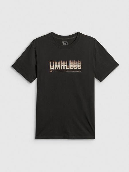 4F T-shirt regular z nadrukiem męski - czarny S. Czarne t-shirty 4F, m, bez wzorów, z materiału, bez kołnierzyka, bez ramiączek. Za 69.99 zł.