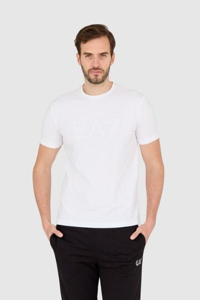 EA7 Biały męski t-shirt z dużym białym logo, Rozmiar XL. Białe t-shirty EA7 Emporio Armani, m, bez wzorów, bez kołnierzyka, bez ramiączek. W wyprzedaży za 118.99 zł.