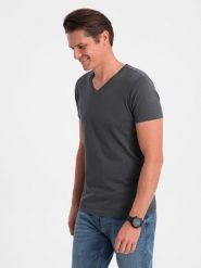 Klasyczna męska bawełniana koszulka z dekoltem w serek BASIC - grafitowa V3 OM-TSBS-0145 - XXL. Szare t-shirty Ombre Clothing, l, bez wzorów, z bawełny, bez kołnierzyka, bez ramiączek. W wyprzedaży za 24.99 zł.
