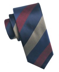 Elegancki i Modny Męski Krawat - Angelo di Monti - Duże Pasy, Granat, Beż, Czerwień. Czerwone krawaty i muchy Angelo di Monti, bez wzorów, z tkaniny. Za 45.00 zł.