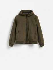 Kurtka bomber z kapturem - ciemnozielony. Zielone kurtki Reserved, l, bez wzorów, z kapturem. Za 219.99 zł.