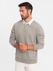 Bluza męska z białym kołnierzykiem polo - ciemnobeżowa V2 OM-SSNZ-0132 - L. Brązowe bluzy Ombre Clothing, l, bez wzorów, z bawełny, bez kaptura. W wyprzedaży za 79.99 zł.