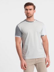 T-shirt męski z elastanem z kolorowymi rękawami - szary V4 OM-TSCT-0176 - XL. Szare t-shirty Ombre Clothing, l, bez wzorów, z bawełny, bez kołnierzyka, bez ramiączek. W wyprzedaży za 39.99 zł.