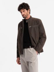 Męska kurtka biker w stylu retro ze stójką – brązowa V1 OM-JAFL-0197 - XXL. Brązowe kurtki Ombre Clothing, l, bez wzorów, z materiału, bez kaptura. W wyprzedaży za 269.99 zł.