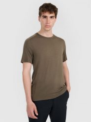 4F Koszulka trekkingowa z wełną merino męska - oliwkowa/khaki S. Brązowe t-shirty 4F, m, bez wzorów, z materiału, bez kołnierzyka, bez ramiączek. Za 199.99 zł.
