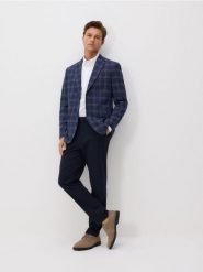 Marynarka slim fit w kratę - granatowy. Niebieskie garnitury Reserved, l, bez wzorów, z tkaniny. Za 329.99 zł.