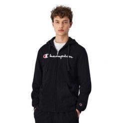 Męska Bluza Z Pełnym Zamkiem Błyskawicznym Z Markowym Rękawem. Czarne bluzy z kapturem Champion, m, bez wzorów, z bawełny, z kapturem. Za 426.99 zł.