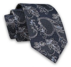 Ciemny Granatowy Elegancki Męski Krawat -ALTIES- 7cm, Stylowy, Klasyczny, w Szary, Srebrny Wzór. Niebieskie krawaty i muchy Alties, bez wzorów, z tkaniny. Za 49.00 zł.