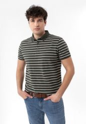 Polo w paski O-LANTIANO. Zielone koszulki polo sportowe Volcano, na jesień, l, bez wzorów, z bawełny, bez kołnierzyka, bez ramiączek. Za 109.99 zł.