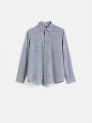 Koszula slim z drobnym printem - czarny. Czarne koszule Reserved, l, bez wzorów, z tkaniny, bez kołnierzyka, bez ramiączek. Za 129.99 zł.