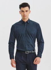 PAKO LORENTE - Granatowa koszula męska wzór geometryczny. Białe koszule Pako Lorente, na jesień, m, bez wzorów, z bawełny, bez kołnierzyka, bez ramiączek. Za 119.99 zł.