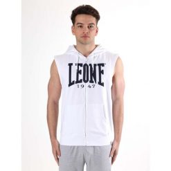 Leone Basic męska bluza z kapturem i bez rękawów zapinana na zamek. Białe bluzy LEONE 1947 APPAREL, m, bez wzorów, z bawełny, z kapturem. Za 126.26 zł.