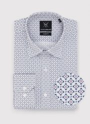 PAKO LORENTE – Biała koszula w niebieski mikrowzór. Białe koszule Pako Lorente, m, bez wzorów, z bawełny, bez kołnierzyka, bez ramiączek. Za 99.99 zł.