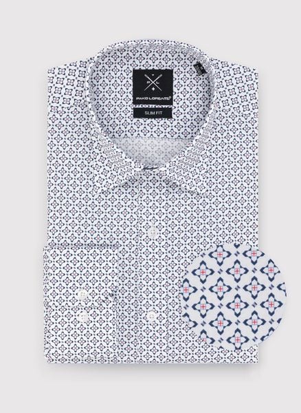 PAKO LORENTE – Biała koszula w niebieski mikrowzór. Białe koszule Pako Lorente, m, bez wzorów, z bawełny, bez kołnierzyka, bez ramiączek. Za 99.99 zł.