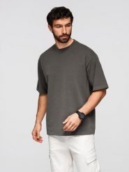 Męski t-shirt bawełniany LOOSE FIT z okrągłym dekoltem – szarozielony V3 - Rozmiar: L. Szare t-shirty Ombre Clothing, l, bez wzorów, z bawełny, bez kołnierzyka, bez ramiączek. W wyprzedaży za 59.50 zł.