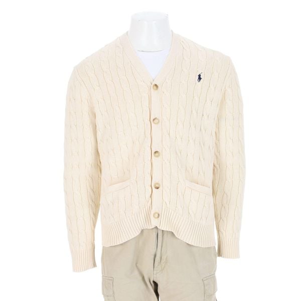 Second life - Męski beżowy sweter kardigan - Jak nowy. Brązowe golfy RALPH LAUREN, m, bez wzorów, bez ramiączek. Za 298.16 zł.