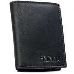 Pionowy, czarny portfel męski ze skóry naturalnej z systemem RFID bez zapięcia zewnętrznego - 4U Cavaldi. Czarne portfele 4U Cavaldi, bez wzorów, ze skóry. Za 54.99 zł.