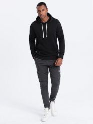 Bluza męska z kapturem nierozpinana - czarna V1 OM-SSBN-0120 - XXL. Czarne bluzy z kapturem Ombre Clothing, l, bez wzorów, z bawełny, z kapturem. Za 57.99 zł.