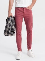 Spodnie męskie jeansowe o kroju SLIM FIT - czerwone V7 - Rozmiar: M. Czerwone spodnie materiałowe Ombre Clothing, na co dzień, m, bez wzorów, z bawełny, casualowe. W wyprzedaży za 59.99 zł.