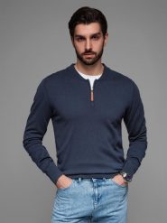 Sweter męski z wiskozą i rozpinanym dekoltem – granatowy V4 OM-SWZS-0124 - XXL. Niebieskie swetry nierozpinane Ombre Clothing, l, z aplikacjami, z dzianiny, bez kołnierzyka, bez ramiączek. Za 113.99 zł.