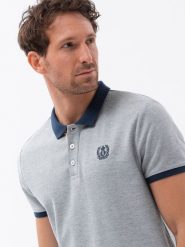 Męska koszulka polo z kolorowymi akcentami – szary melanż V1 OM-POSS-0105 - XXL. Szare koszulki polo sportowe Ombre Clothing, l, bez wzorów, z dzianiny, bez kołnierzyka, bez ramiączek. Za 77.99 zł.