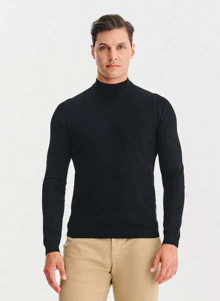 PAKO LORENTE – Czarny półgolf męski. Czarne swetry nierozpinane Pako Lorente, m, bez wzorów, z poliamidu, bez kołnierzyka, bez ramiączek. Za 169.99 zł.