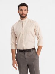 Koszula męska lniana ze stójką i kieszenią REGULAR FIT – kremowa V3 OM-SHCS-0161 - XXL. Białe koszule Ombre Clothing, na lato, l, bez wzorów, z bawełny, bez kołnierzyka, bez ramiączek. Za 131.99 zł.