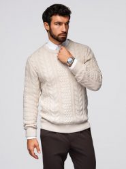 Elegancki sweter męski z ciekawym splotem – ecru V1 - Rozmiar: XL. Swetry nierozpinane Ombre Clothing, m, bez wzorów, z bawełny, bez kołnierzyka, bez ramiączek. W wyprzedaży za 136.49 zł.