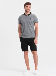 Szorty męskie SLIM FIT ze strukturalnej dzianiny - czarne V2 OM-SRCS-0126 - XXL. Czarne szorty Ombre Clothing, m, bez wzorów, z bawełny, wizytowe. W wyprzedaży za 99.99 zł.