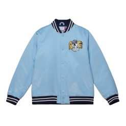 Gruba satynowa kurtka Mitchell & Ness Université de la Caroline du nord. Niebieskie kurtki Mitchell & Ness, s, bez wzorów, z materiału, bez kaptura. Za 559.00 zł.