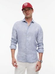 Tommy Hilfiger Tailored koszula lniana Mężczyźni Slim Fit len (100%) niebieski|biały, M. Białe koszule Tommy Hilfiger Tailored, na lato, m, bez wzorów, ze lnu, bez kołnierzyka, bez ramiączek. Za 479.95 zł.
