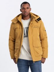 Kurtka męska ocieplana z kapturem - musztardowa V2 OM-JAHP-0128 - S. Kurtki Ombre Clothing, m, bez wzorów, z poliesteru, z kapturem. W wyprzedaży za 169.99 zł.