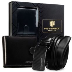 Zestaw prezentowy: skórzany portfel męski w czarnym kolorze i pasek ze skóry naturalnej - Peterson. Czarne portfele Peterson, bez wzorów, ze skóry. Za 119.99 zł.