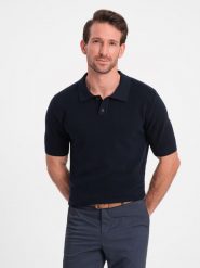 Bawełniana męska koszulka polo ze strukturalnej dzianiny – granatowa V2 OM-POSS-0117 - XXL. Niebieskie koszulki polo sportowe Ombre Clothing, l, bez wzorów, z bawełny, bez kołnierzyka, bez ramiączek. W wyprzedaży za 129.99 zł.