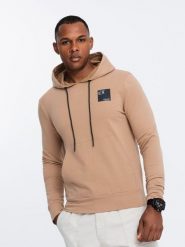 Męska bluza z kapturem kangurka z logotypem – brązowa V3 OM-SSNZ-0162 - XXL. Brązowe bluzy Ombre Clothing, l, bez wzorów, z bawełny, z kapturem. W wyprzedaży za 99.99 zł.