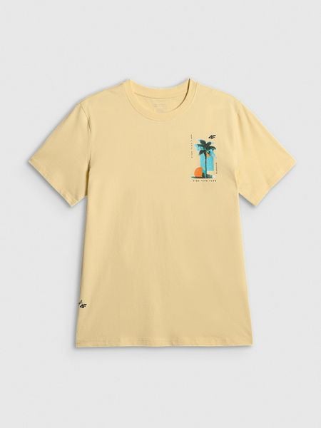 4F T-shirt regular z nadrukiem męski - żółty S. Żółte t-shirty 4F, m, bez wzorów, z bawełny, bez kołnierzyka, bez ramiączek. W wyprzedaży za 49.99 zł.