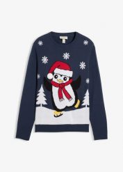 Sweter z bożonarodzeniowym motywem. Niebieskie swetry nierozpinane bonprix, l, bez wzorów, bez kołnierzyka, bez ramiączek. Za 129.99 zł.