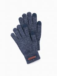 Dzianinowe rękawiczki męskie z wełną – granatowy melanż V3 OM-ACGL-0110 - one size. Niebieskie rękawiczki Ombre Clothing, z aplikacjami, z dzianiny. Za 53.99 zł.
