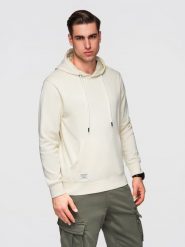 Męska bawełniana bluza dresowa BASIC kangurka z kapturem OM-SSBN-0270 - - Rozmiar: M. Białe bluzy Ombre Clothing, m, z aplikacjami, z bawełny, z kapturem. W wyprzedaży za 118.99 zł.