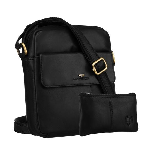 Skórzana, czarna listonoszka męska do pracy z saszetką w zestawie PTN 719E-OPU Peterson. Czarne torby na ramię Peterson, bez wzorów, ze skóry, bez dodatków. Za 164.99 zł.