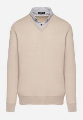 Beżowy Sweter z Wełną i Koszulowym Kołnierzykiem Espirra. Brązowe swetry nierozpinane Born2be, l, bez wzorów, z wełny, bez kołnierzyka, bez ramiączek. Za 59.99 zł.