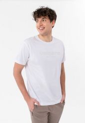 T-shirt z napisem, Comfort Fit, T-TOL. Białe t-shirty Volcano, m, bez wzorów, z bawełny, bez kołnierzyka, bez ramiączek. Za 69.99 zł.